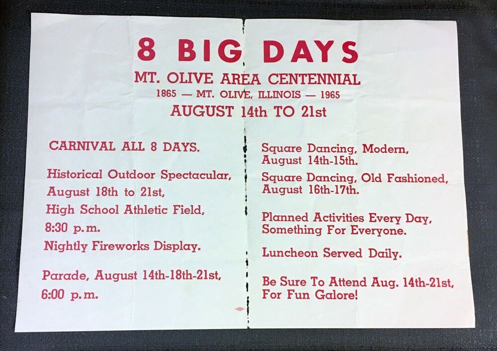 Original 1965 Poster - Mt. Olive Illinois Area Centennial Celebration Genealogy